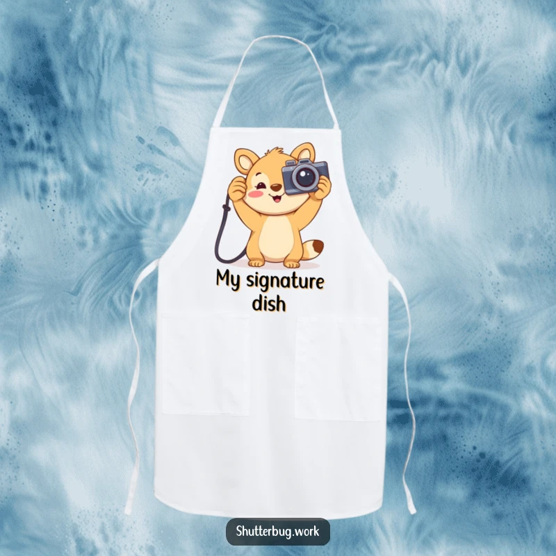 Funny joyful animal holding a large cartoonish camera aloft, featured on a functional apron, bringing cheer to cooking and creativity.