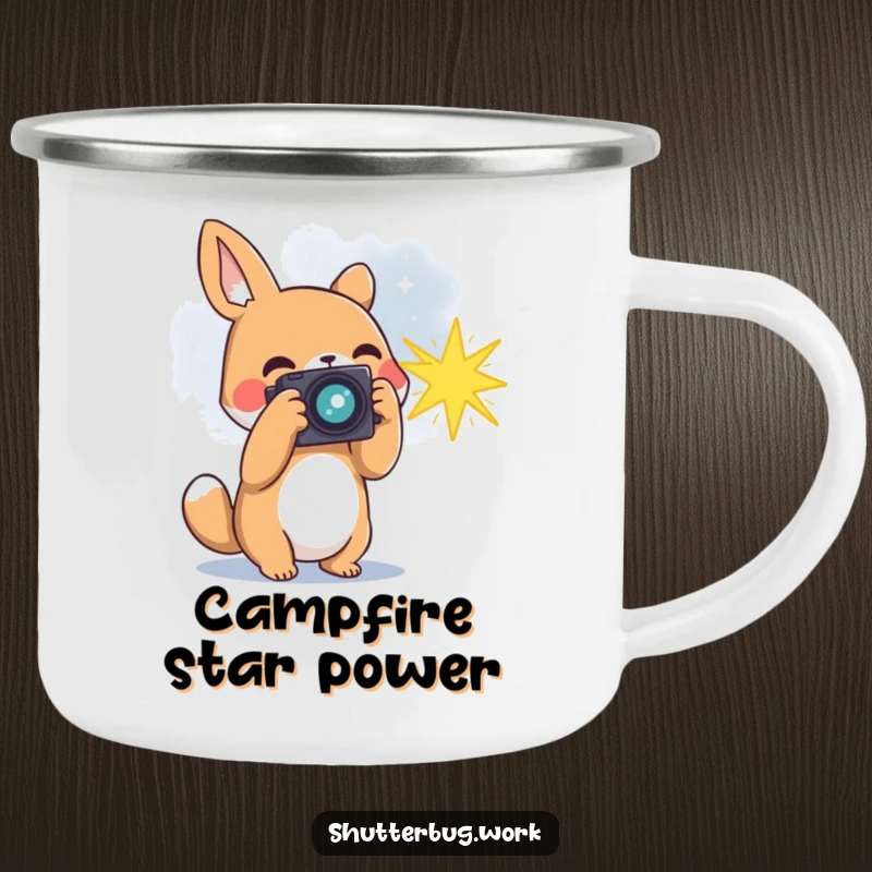 Funny animal photographer capturing a bursting star with its camera, decorating a rugged camping mug, perfect for outdoor cosmic exploration.