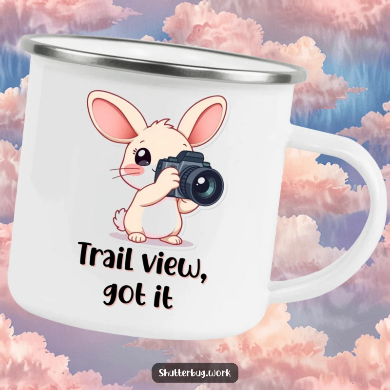Funny Camping Mug featuring a rabbit with large ears holding a big camera, designed for outdoor adventures and capturing scenic shots with enthusiasm.
