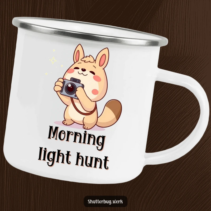 Funny excited animal pointing a camera towards a twinkling light, decorating a rugged camping mug, perfect for outdoor photo adventures.