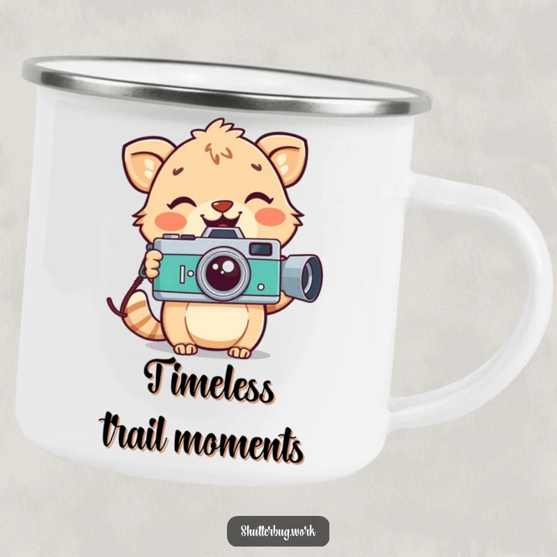 Funny playful animal with a wide smile holding a vintage camera, decorating a rugged camping mug, perfect for outdoor retro adventures.