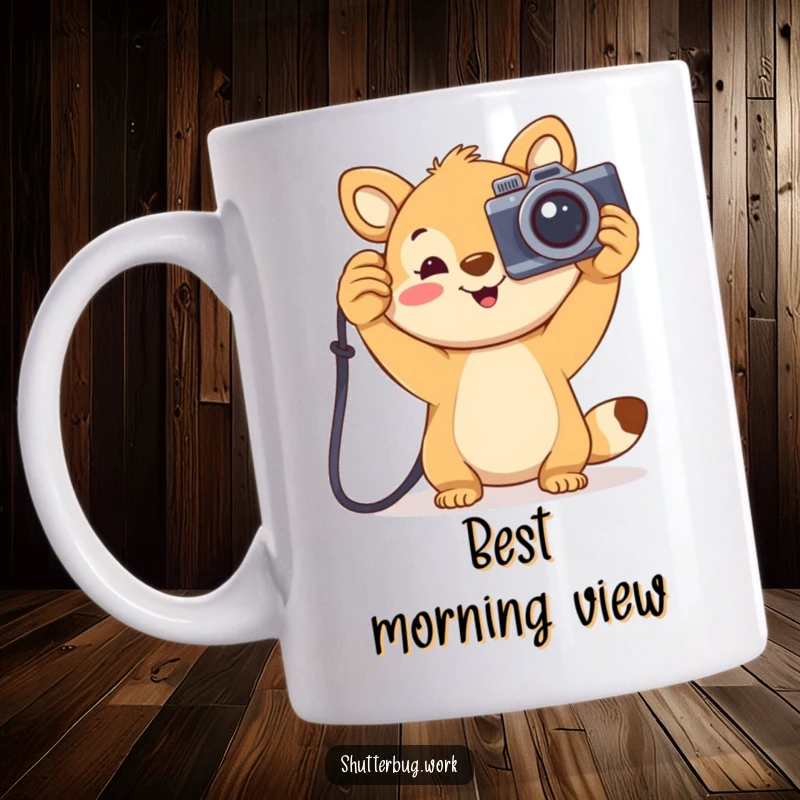 Funny joyful animal holding a large cartoonish camera aloft, celebrating photography with pure happiness on a ceramic mug.