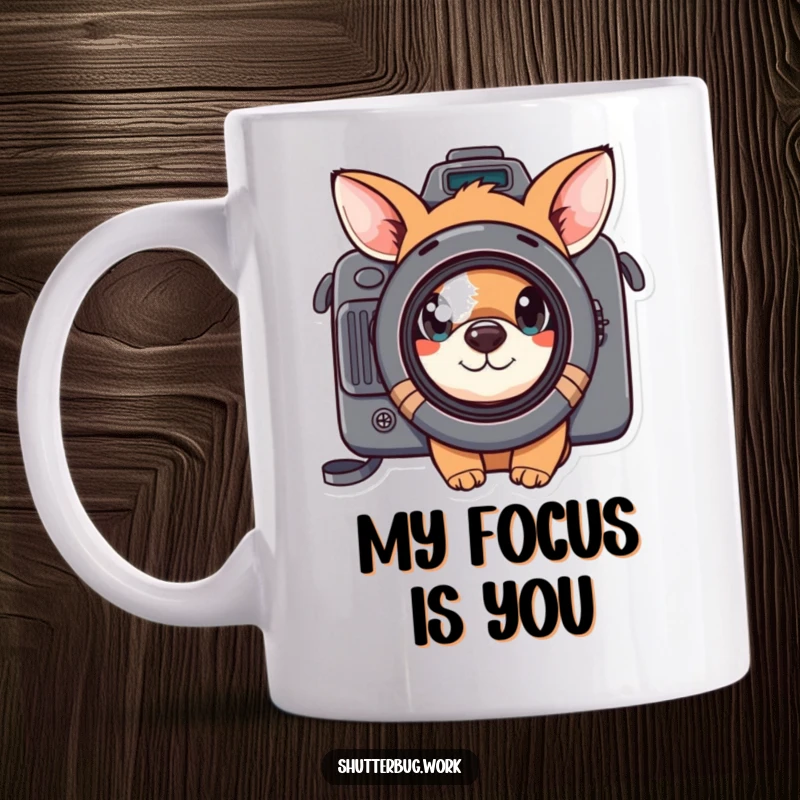 Funny curious animal peeking through a camera lens, capturing a moment of playful observation on a ceramic mug.