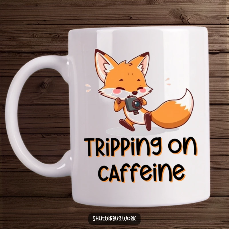Funny Mug featuring a fox character comically tripping mid-stride while attempting to take a photo, embodying photographic mishaps with humor.