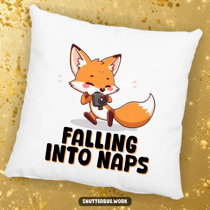 Funny Pillow featuring a fox character comically tripping while holding a camera, designed for comfort and to celebrate the humorous struggles of photography.