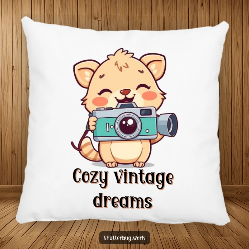 Funny playful animal with a wide smile holding a vintage camera, designed on a soft pillow, offering cozy comfort and retro charm.