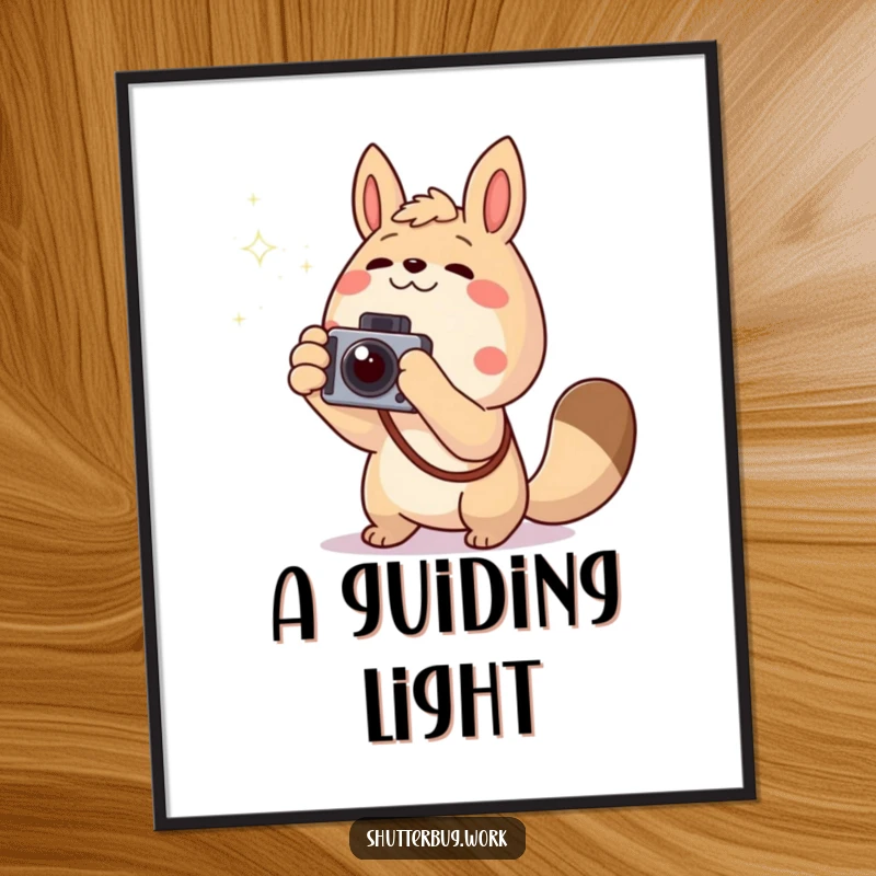 Funny excited animal pointing a camera towards a twinkling light, presented as downloadable digital art, perfect for dynamic wall decor.