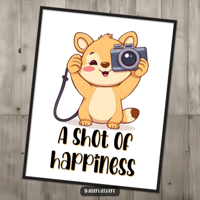 Funny joyful animal holding a large cartoonish camera aloft, presented as downloadable digital art, perfect for vibrant wall decor and cheerful vibes.