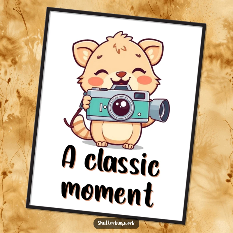 Funny playful animal with a wide smile holding a vintage camera, presented as downloadable digital art, perfect for retro wall decor.