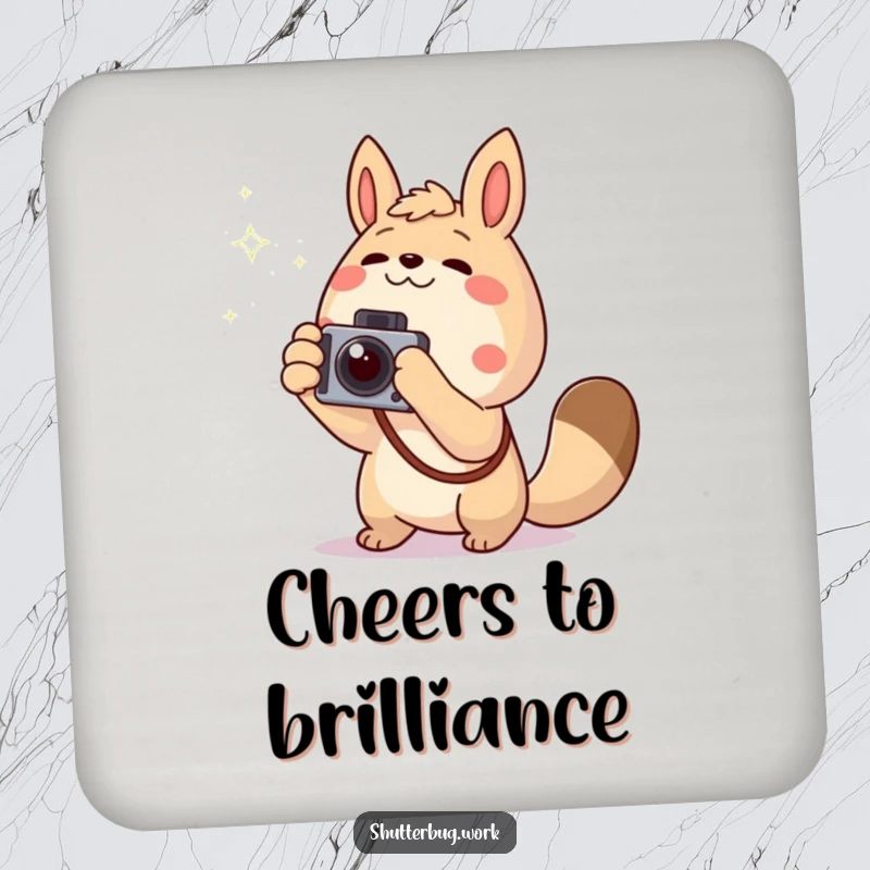 Funny excited animal pointing a camera towards a twinkling light, protecting surfaces on a decorative drink coaster, adding pursuit humor.