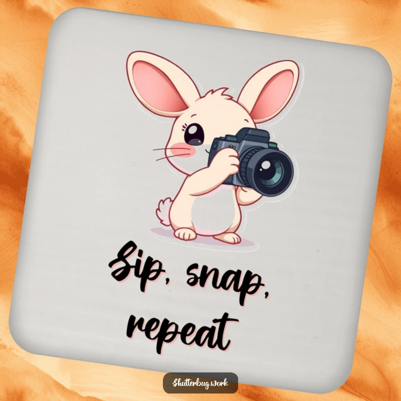 Funny Coasters featuring a rabbit character with oversized ears holding a large camera, designed to protect surfaces with adorable, photographic charm.