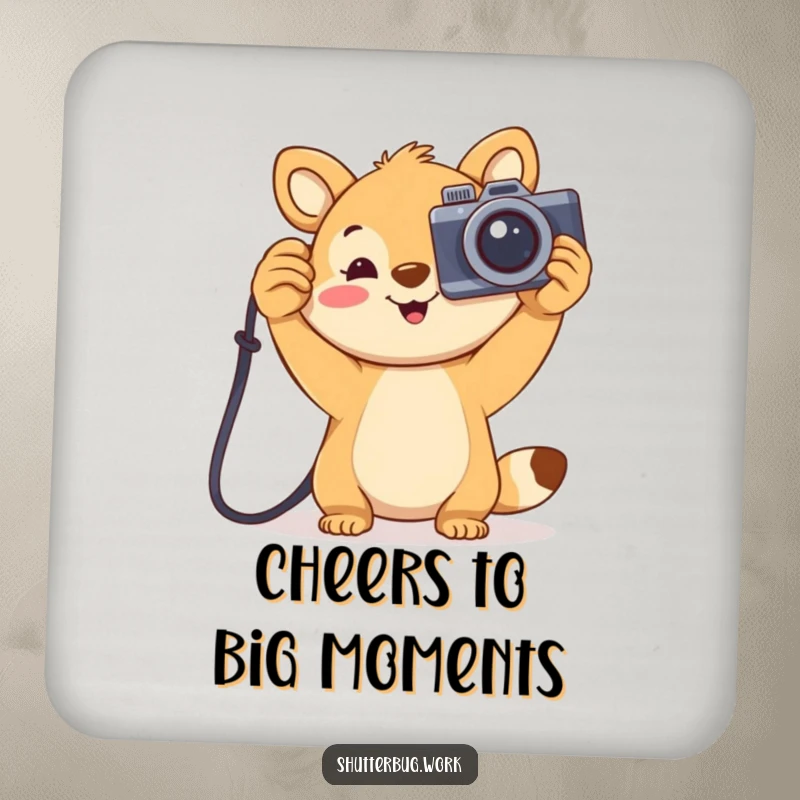 Funny joyful animal holding a large cartoonish camera aloft, protecting surfaces on a decorative drink coaster, adding cheerful humor to home.