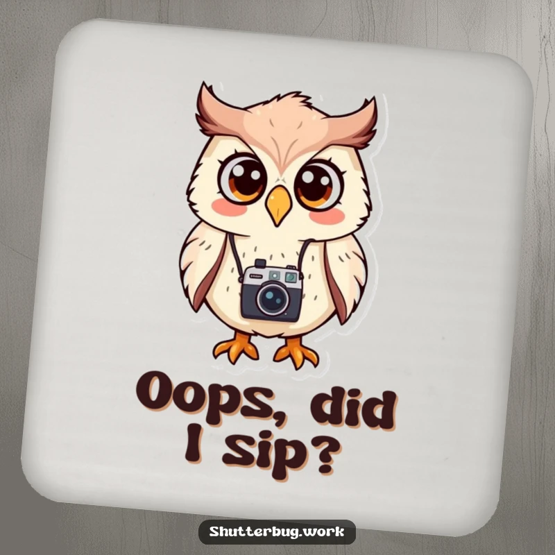 Funny Coasters featuring a surprised owl with a tiny camera around its neck, designed to protect surfaces while adding a humorous photographic element.
