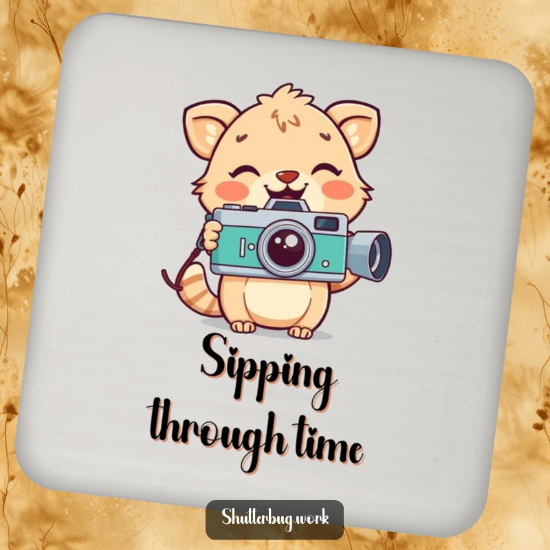 Funny playful animal with a wide smile holding a vintage camera, protecting surfaces on a decorative drink coaster, adding retro humor.