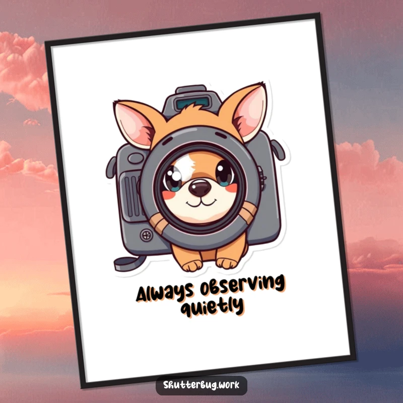 Funny curious animal peeking through a camera lens, displayed as vibrant wall art, perfect for adding humor and personality to any room.