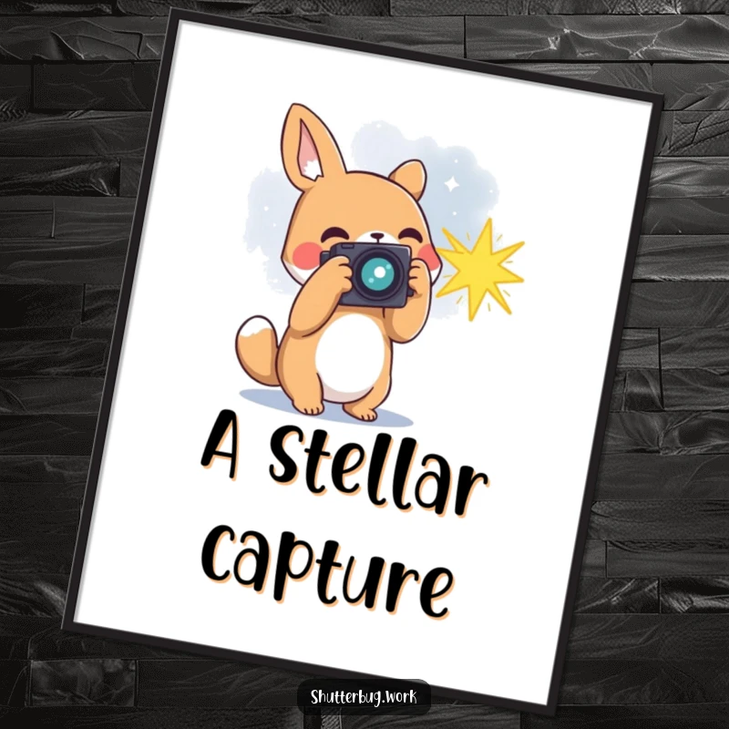 Funny animal photographer capturing a bursting star with its camera, displayed as striking wall art, bringing cosmic wonder and humor home.