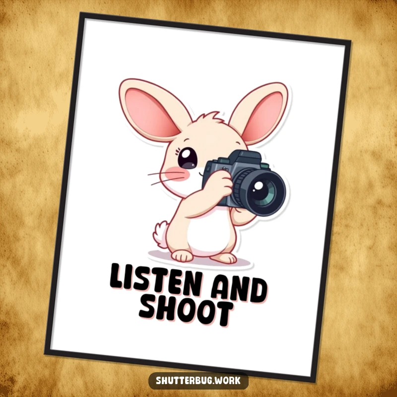 Funny Poster featuring a rabbit character with extra-large ears holding a substantial camera, representing passion and a unique perspective in photography.