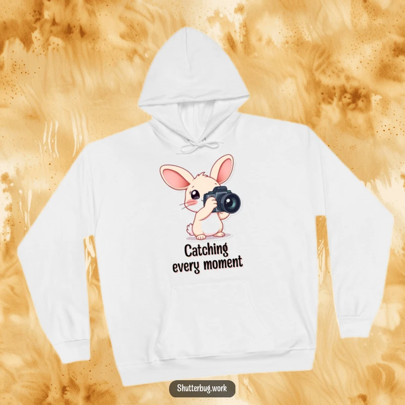 Funny Hoodie featuring a rabbit with giant ears holding a large camera, combining comfort with a cheerful, photographic spirit for creative types.