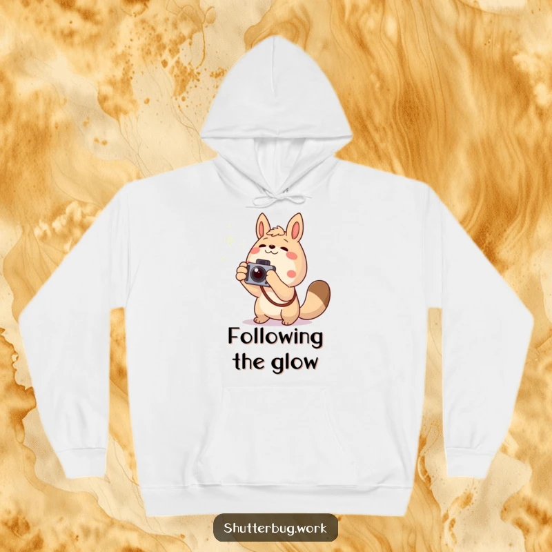 Funny excited animal pointing a camera towards a twinkling light, featured on a soft hoodie, perfect for cozy photo expeditions.