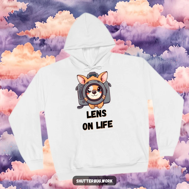 Funny curious animal peeking through a camera lens, cozying up in a soft hoodie, embodying a playful and investigative spirit.