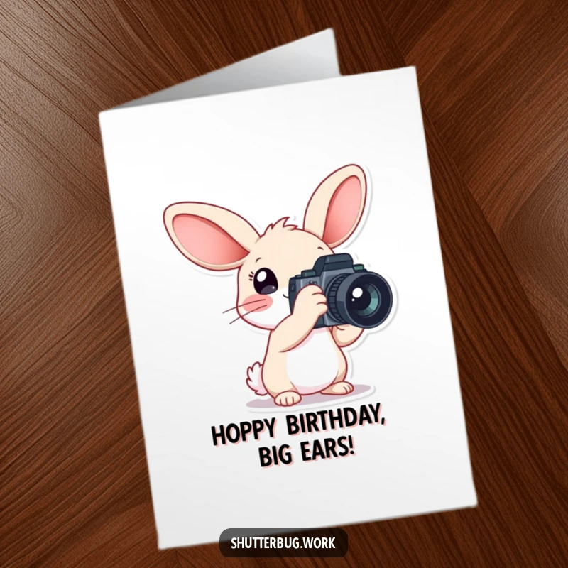 Funny Free Printable Birthday Card: A rabbit with huge ears joyfully holds a massive camera, ready to snap.