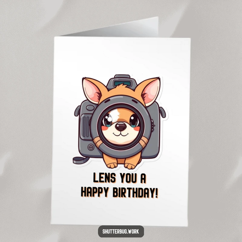 Funny Free Printable Birthday Card: Curious animal peeks through camera lens, ready to capture the fun. Downloadable and unique.