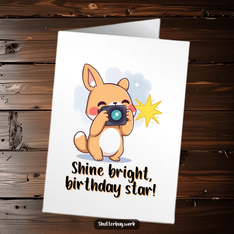 Funny Free Printable Birthday Card: Animal photographer captures a bursting star with their camera, celebrating a birthday. Downloadable wonder.