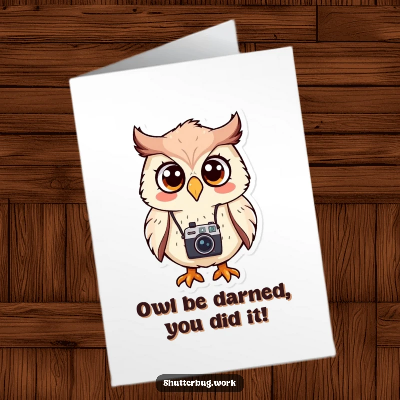 Funny Free Printable Congratulations Card: An owl with a camera looks shocked and delighted at the good news.