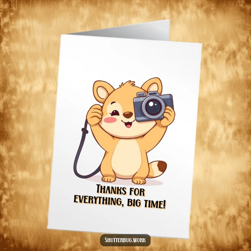 Funny Free Printable Thank You Card: Joyful animal proudly holds a large camera, a humorous way to say thanks. Downloadable.