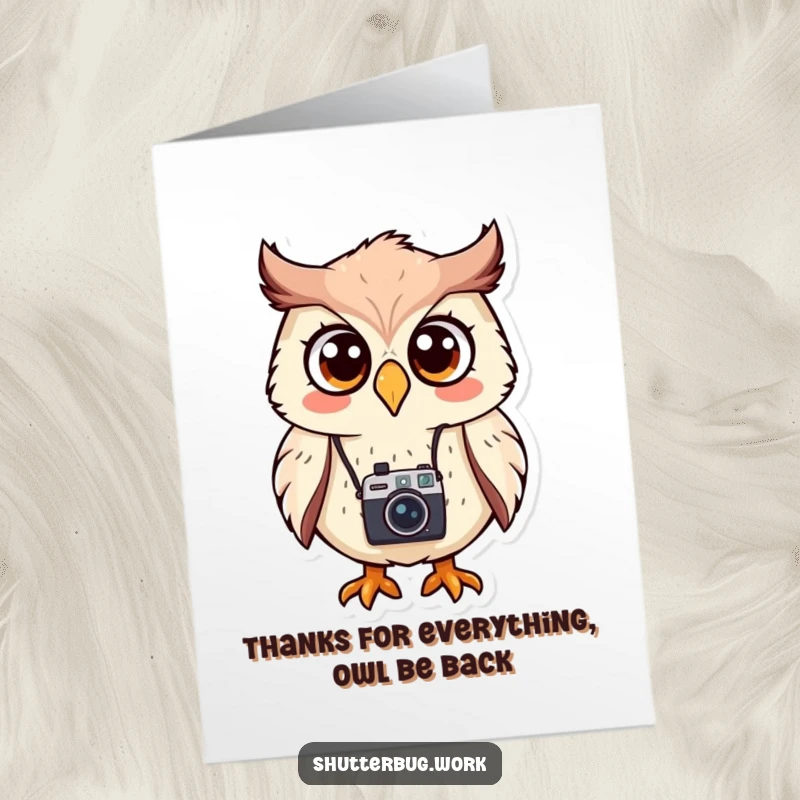 Funny Free Printable Thank You Card: A surprised owl wearing a camera is taken aback by your kindness.