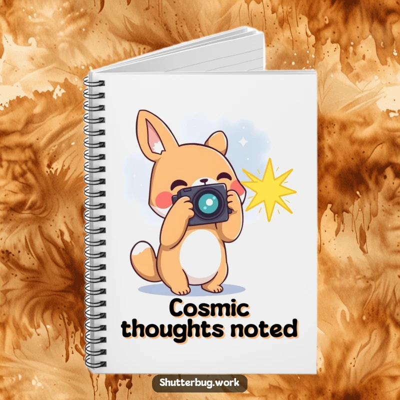Funny animal photographer capturing a bursting star with its camera, inspiring creativity in this notebook, perfect for cosmic notes and ideas.