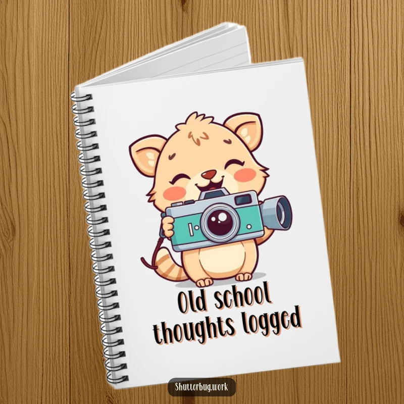 Funny playful animal with a wide smile holding a vintage camera, inspiring creativity in this notebook, perfect for journaling classic thoughts.
