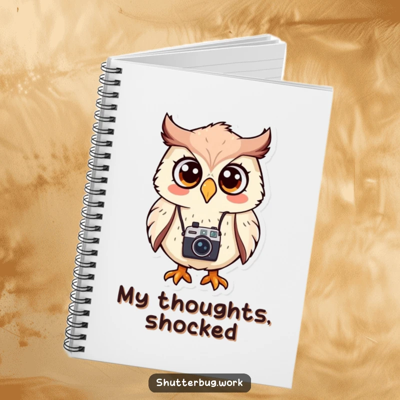 Funny Notebook featuring a surprised owl with a camera, perfect for jotting down photography notes, ideas, or daily reflections with a humorous touch.