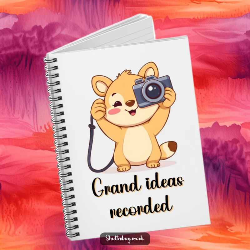 Funny joyful animal holding a large cartoonish camera aloft, inspiring creativity in this notebook, perfect for capturing ideas and happy moments.