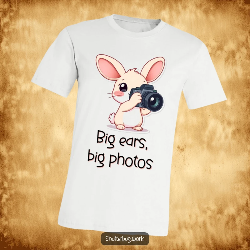 Funny T-Shirt with a rabbit character sporting large ears and holding a big camera, symbolizing a passionate and cheerful approach to photography.