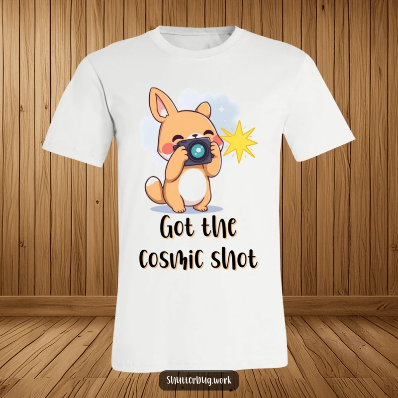 Funny animal photographer capturing a bursting star with its camera, showcasing the awe of the cosmos on a comfortable graphic t-shirt.
