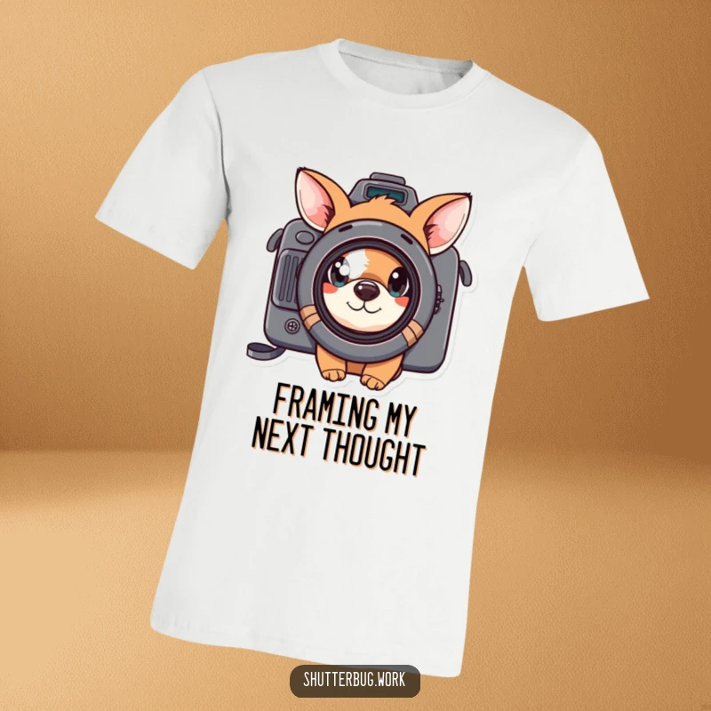 Funny curious animal peeking through a camera lens, showcasing its playful and inquisitive nature on a comfortable graphic t-shirt.
