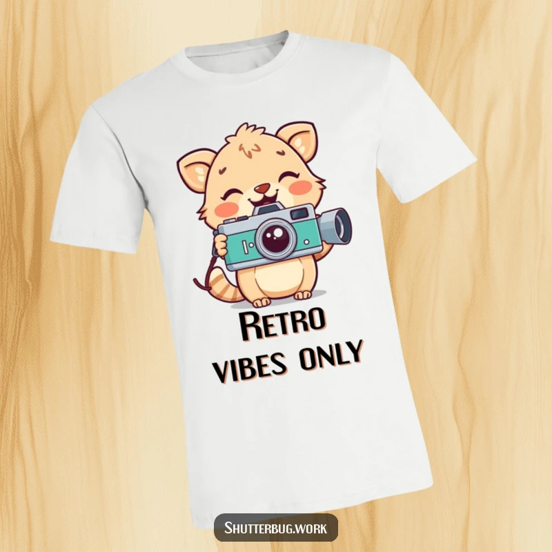 Funny playful animal with a wide smile holding a vintage camera, showcasing a love for retro style on a comfortable graphic t-shirt.