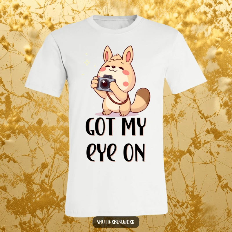 Funny excited animal pointing a camera towards a twinkling light, showcasing passion for photography on a comfortable graphic t-shirt.
