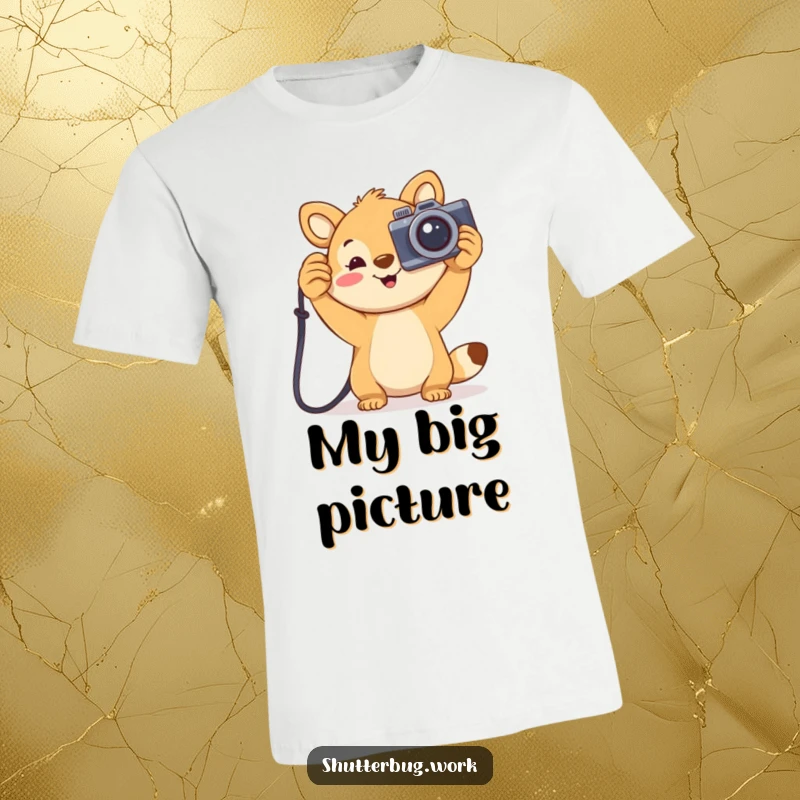 Funny joyful animal holding a large cartoonish camera aloft, embodying pure photographic excitement on a comfortable graphic t-shirt.