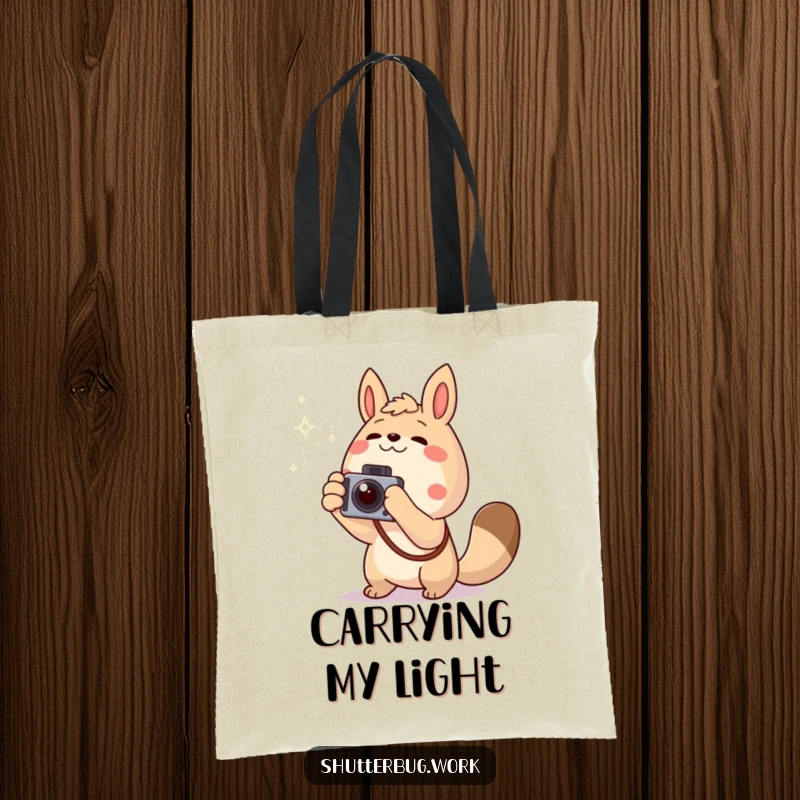 Funny excited animal pointing a camera towards a twinkling light, depicted on a durable tote bag, ideal for carrying photo gear and inspiration.