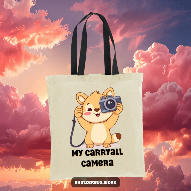 Funny joyful animal holding a large cartoonish camera aloft, printed on a durable tote bag, ready for photo expeditions and daily use.